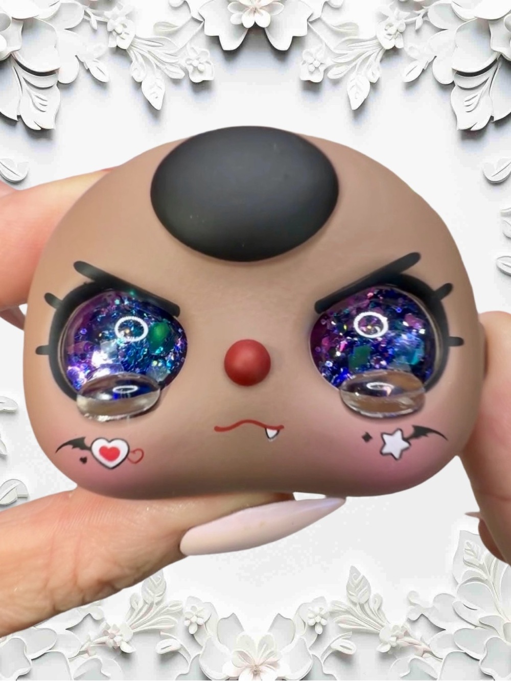 Baby Three 80% Brown Face Black Hair Purple Iridescent Liquid Glitter Eyes